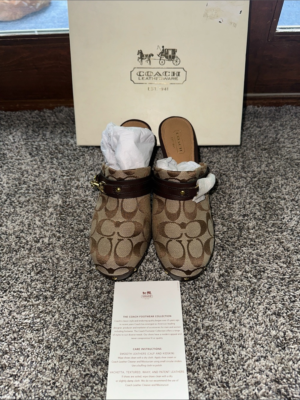 Coach Signature Canvas Mule Clogs in Tan and Dark Brown